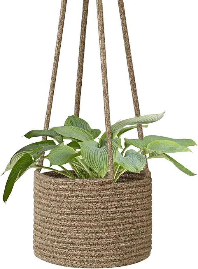 Flexzion Hanging Plant Basket, Boho Cotton Rope Basket Indoor Hanging Planter, Up to 7" Flower Pot, Macrame Woven Modern Plant Holder, Storage Bin Organizer, Home Decor with 20" Hanging Rope, Brown by GreenHaven Gardens