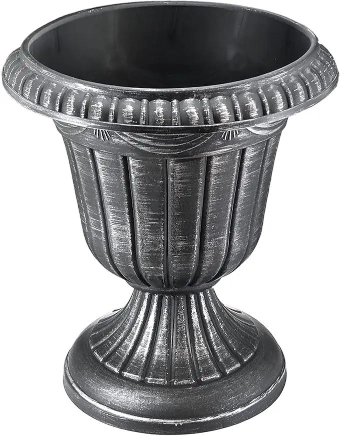 PL10SL Classic Traditional Plastic Urn Planter Indoor/Outdoor, 15" x 13", Brushed Silver by GreenHaven Gardens