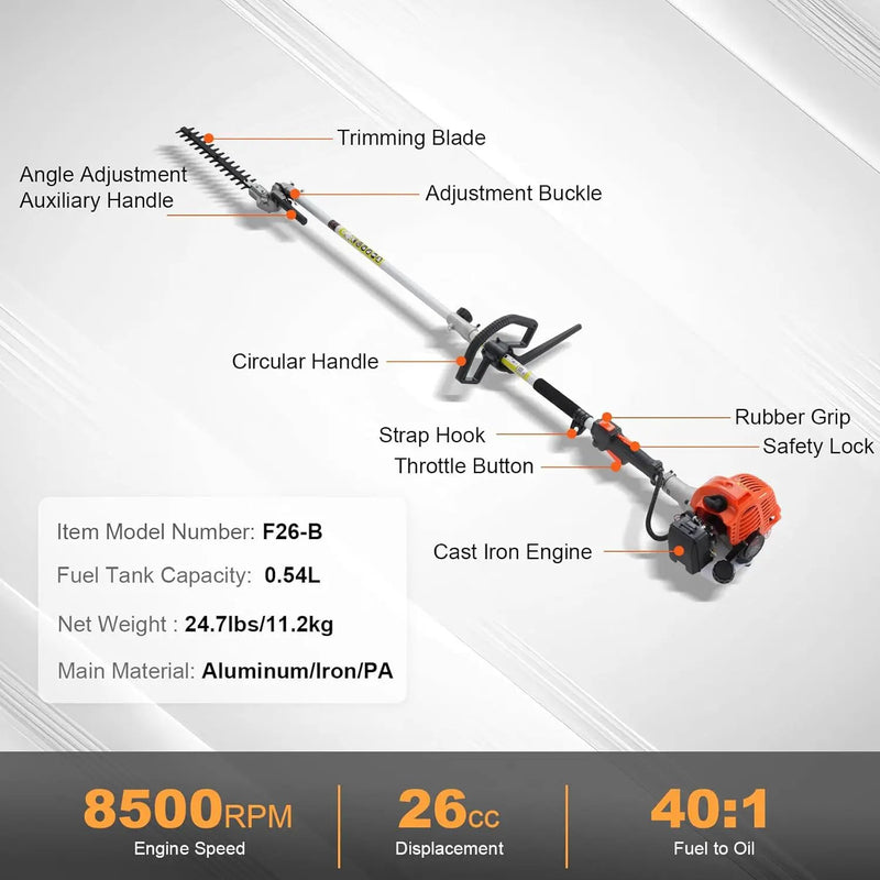 VEVOR Gas Hedge Trimmer 2 Cycle with Extension Pole, 15.7-inch 26cc Gas Powered Pole Hedge Trimmer with Dual Sided Dual Action Blade, Great for Trimming Shrubs, Bushes, w/EPA, CE and EMC Certification by GreenHaven Gardens