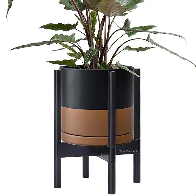 D'vine Dev Ceramic Planter with Ebony Stand - 10 Inch Modern Round Flower Pot with Wood Planter Holder, Black/Speckled Tan, 55-B-L-7 by GreenHaven Gardens
