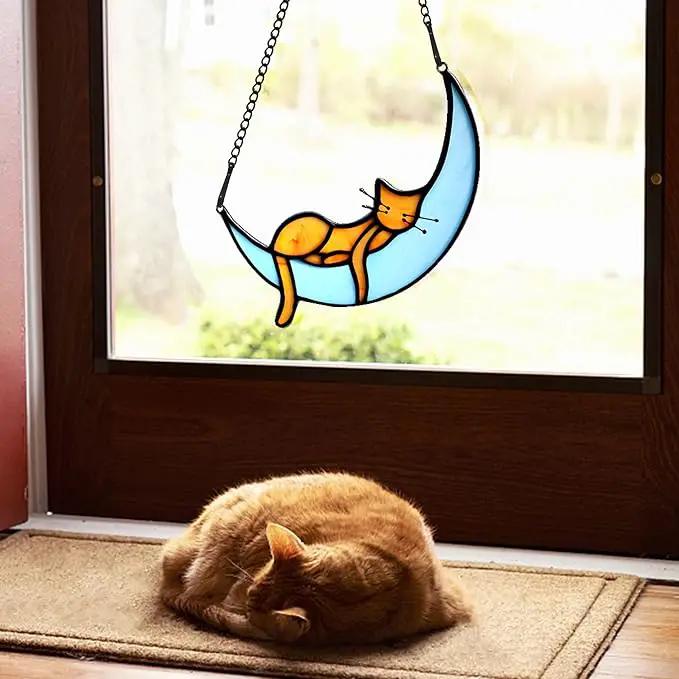 BOXCASA Sleeping Cat Stained Glass Windown Hanging,Orange Cat on Moon Beautiful Handcrafted Sun Catcher Gifts for Daughter,Mothers Day,Christmas and Cat Lover by GreenHaven Gardens