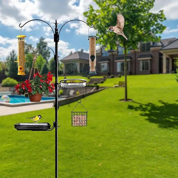 Premium Bird Feeding Station with 2 Bird Feeders Included for Outside - Multi Feeder Pole Stand Kit with 4 Hangers, Bird Bath and 5 Prong Base for Attracting Wild Birds - 22 Inch Wide x 91 Inch Tall by GreenHaven Gardens