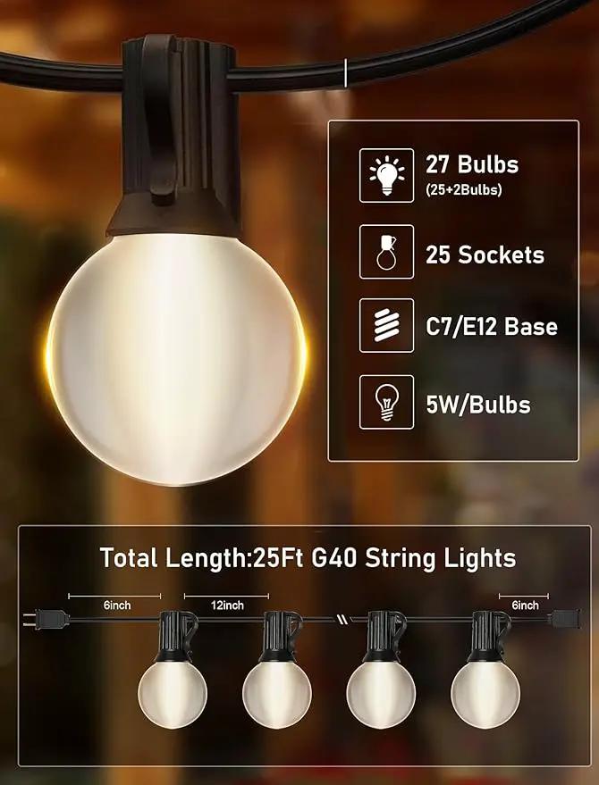 25FT Frosted White Lights G40 Globe Outdoor String Lights Patio Lights with 25 Frosted White Globe Bulbs - Black Wire by GreenHaven Gardens