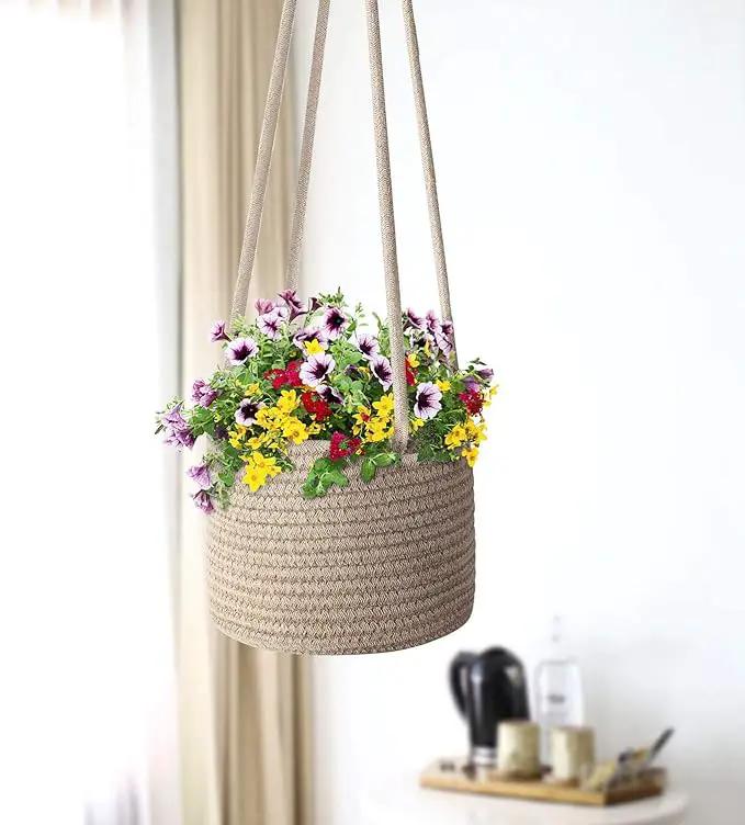 Flexzion Hanging Plant Basket (2 Pack) Cotton Rope Basket Indoor Planter Hanger (up to 7 Inch Flower Pot) Macrame Woven Organizer Bin Home Decor Storage Organizer 20" Hanging Rope, Brown by GreenHaven Gardens