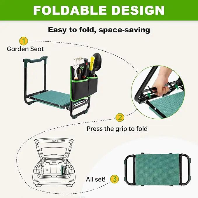 Bluesea Garden Kneeler and Seat - 2-in-1 Heavy Duty Garden Stool & Thick Kneeling Pad with Tool Pouch, Foldable Garden Bench for Planting, Weeding, Seniors, Women (350lbs Capacity) by GreenHaven Gardens