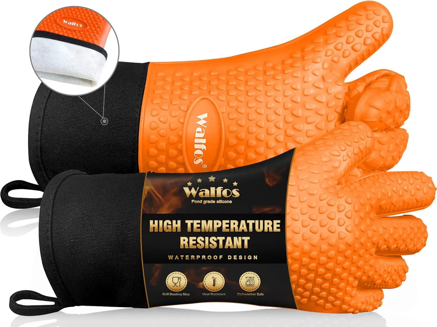 Walfos Silicone BBQ Gloves - Heat Resistant Grilling Gloves, Premium Non-Slip Kitchen Oven Mitt with Protective Cotton Layer Inside, Waterproof, Great for Grilling, Kitchen and Cooking, Orange by GreenHaven Gardens