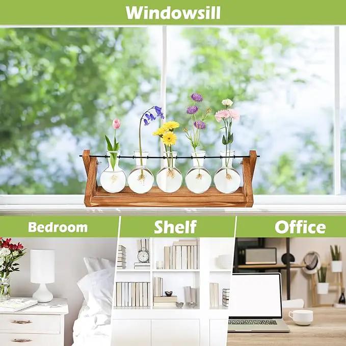 Retro Wood Stand Plant Terrarium with 5 Air Planter Bulb Glass Vases, Perfect for Home, Office, or Wedding Decor. Great Desktop Propagation Station and Plant Lover Gift for Women (5 Bulb Vase) by GreenHaven Gardens