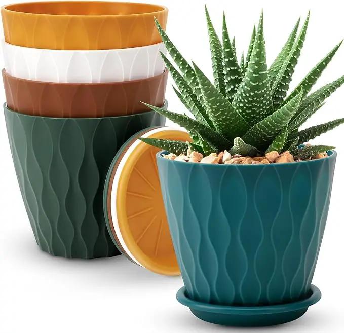 6 inch Plant Pots, 5 Pack Flower Pots Outdoor Indoor, Planters with Drainage Holes and Tray Saucers by GreenHaven Gardens