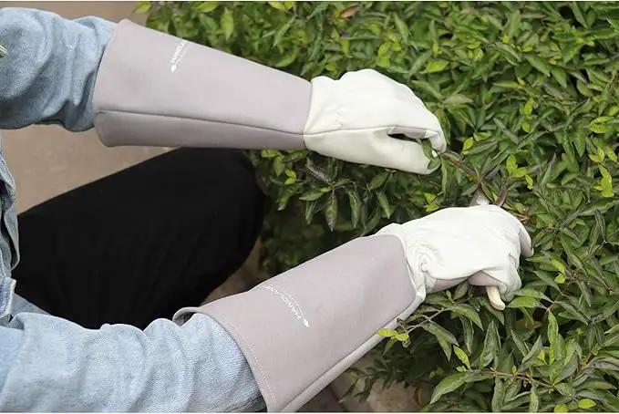 HANDLANDY Long Gardening Gloves for Men & Women, Thorn Proof Rose Pruning Gloves Leather Gauntlets Garden Glove Yard Work Glove (Medium, Grey) by GreenHaven Gardens