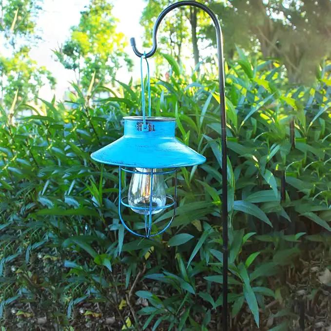 2 Pack Hanging Solar Lantern Lights with Shepherd Hook, Metal Waterproof Warm White Edison Bulb Lights for Garden Outdoor Pathway (Bule) by GreenHaven Gardens