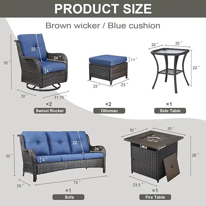 Outdoor Patio Furniture Set with Propane Fire Pit Table, 7 Pieces Wicker Patio Conversation Set with 2 Swivel Glider Rocker Chairs Rattan Sofa Blue Cushion Perfect for Casual Gathering by GreenHaven Gardens