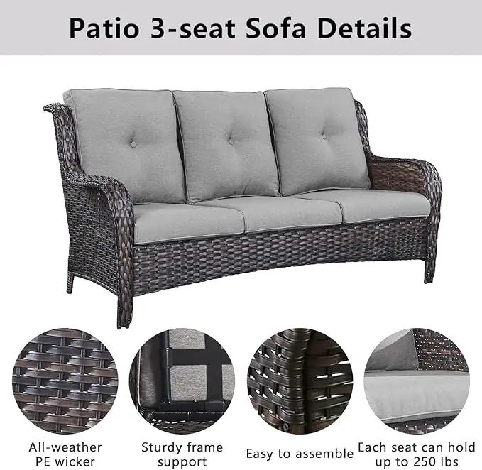 Outdoor Wicker Furniture Patio Set - 7 Piece Backyard Furniture Brown Rattan Conversation Sets with Swivel Rocker Chairs, Rattan Sofa, Club Chairs and Coffee Table, Grey Cushion by GreenHaven Gardens