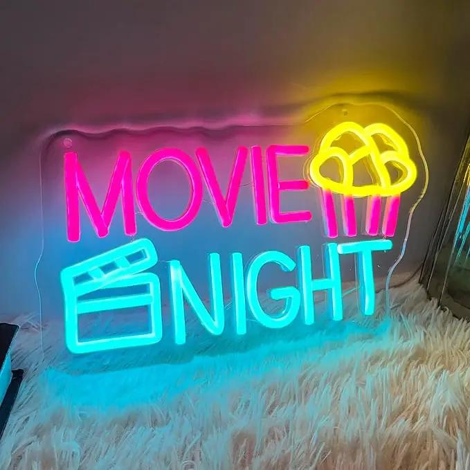 Movie Night Neon Sign With Popcorn Dimmable LED Neon Lights for Wall Decor USB Powered Light Up Signs for Bedroom Living Room Cinema Film Room Man Cave Home Bar Wedding Birthday Party by GreenHaven Gardens
