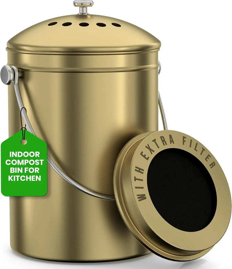 Utopia Kitchen Compost Bin for Kitchen Countertop - 1.3 Gallon Compost Bucket for Kitchen with Lid - Includes 1 Spare Charcoal Filter (Gold) by GreenHaven Gardens