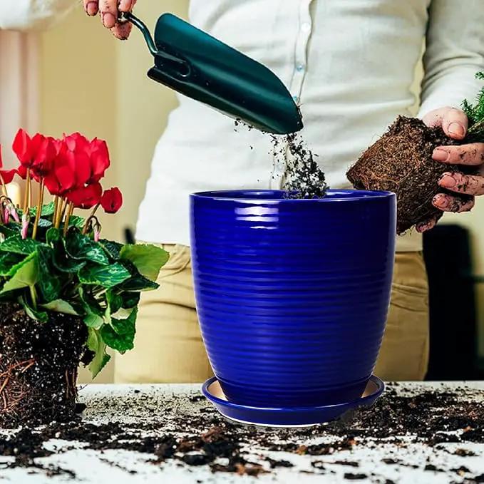 Ceramic Planter Pot - 10 Inch Plant Pot Indoor with Drainage Hole and Saucer Round Planter Large Modern Decorative Flower Pot Outdoor Garden Pot Blue by GreenHaven Gardens
