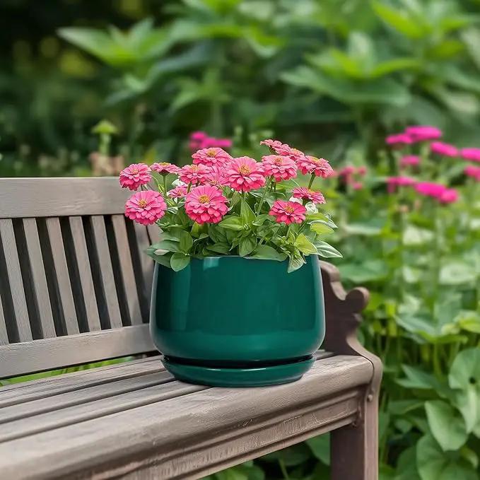 G EPGardening Ceramic Planter for Indoor Plants - 7 Inch Plant Pot, Round Planter with Drainage and Saucer, Round Flower Pots for Outdoor, Modern Desk Decor, Gift for Women Men, Green by GreenHaven Gardens