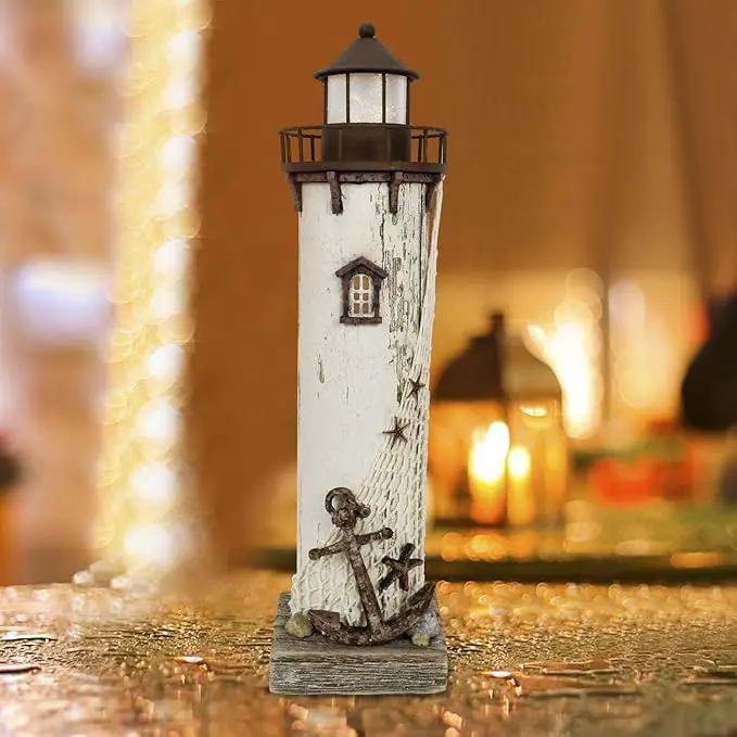 Wooden Lighthouse Decor with Light, Decorative Nautical Lighthouse Nightlight Rustic Ocean Sea Beach Themed Lighthouse Decoration by GreenHaven Gardens