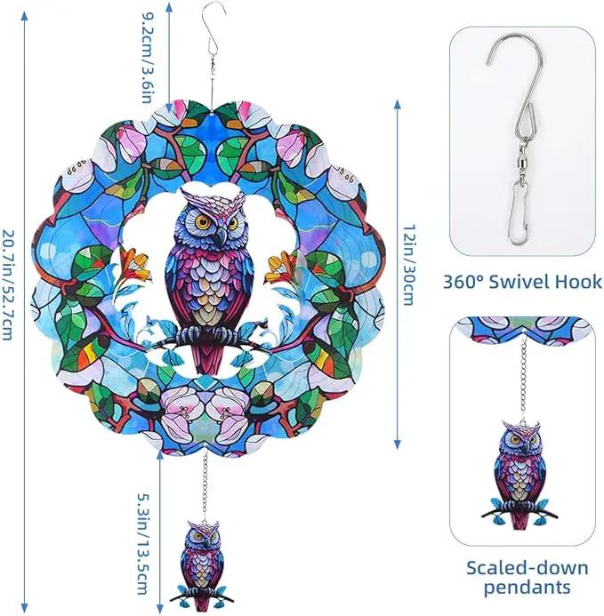 Wind Spinners Outdoor, FACIACC Owl Metal 3D Hanging Garden Decor, 12-inch Stainless Steel Wind Spinner with Tail Spinner, Wind Sculptures for Indoor Patio Lawn Yard, Ornament Gift for Women/Men by GreenHaven Gardens