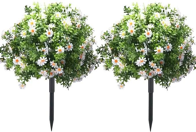 23.6" Artificial Boxwood Topiary Ball Trees with White Flowers, Set of 2 UV Resistant No Fade Outdoor Faux Plants with Ground Spike, Fake Shrubs for Garden, Patio, Porch, Yard, Indoor Decor by GreenHaven Gardens