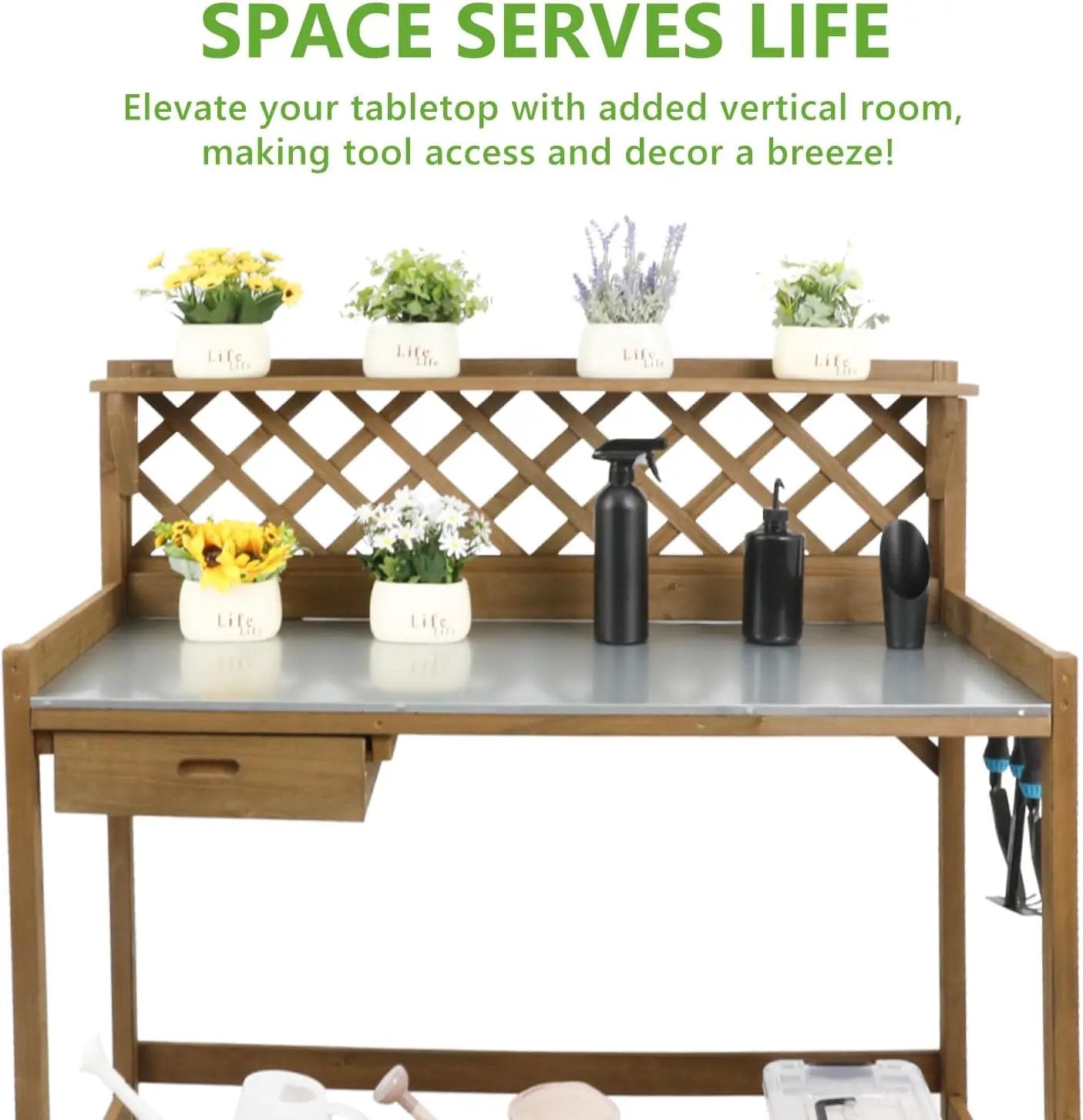 Garden Potting Benches & Tables,Outdoor Wooden Work Station W/Metal Table Top,Drawer,Large Bottom Shelf,Open Shelf Natural Wood-Natural Stained by GreenHaven Gardens
