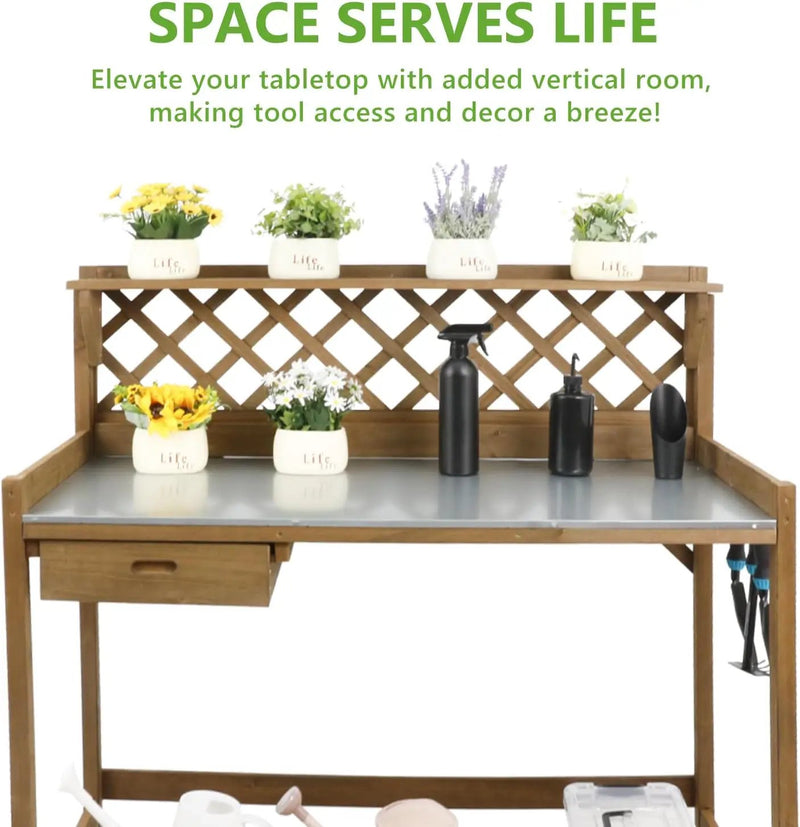 Garden Potting Benches & Tables,Outdoor Wooden Work Station W/Metal Table Top,Drawer,Large Bottom Shelf,Open Shelf Natural Wood-Natural Stained by GreenHaven Gardens