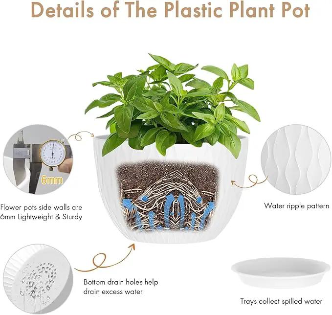 12 Inch Large Plant Pots for Indoor or Outdoor Plants, Wide Water Ripples Flower Pots with Drainage Holes & Saucer, Plastic Planters Set for Garden & Home Decor (White) by GreenHaven Gardens