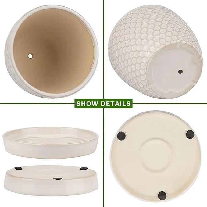 Docrin Ceramic Plant Pots Indoor, 6.6 + 5.5 Inch Flower Pots with Drainage Holes and Saucer for Plants, Set of 2, Milky White Honeycomb by GreenHaven Gardens