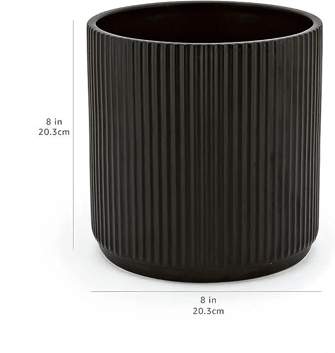 Amazon Basics Fluted Round Ceramic Planter, 8-Inch, Black by GreenHaven Gardens
