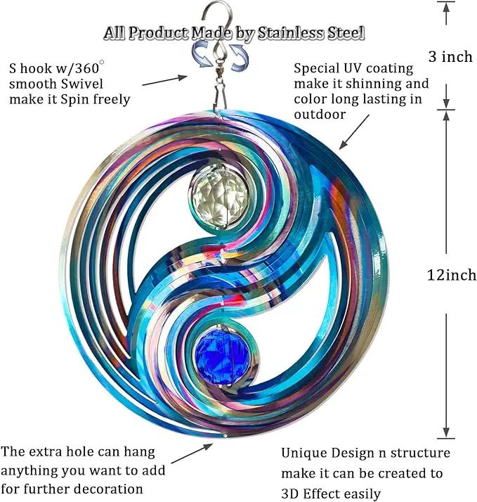 FONMY Mandala Wind Spinner w/Crystal Ball-Fengshui 3D Stainless Steel Hanging Spinners Worth Gift Christmas Decoration Indoor/Outdoor Garden Décor Kinetic Yard Art 12 Inches Wind Sculpture by GreenHaven Gardens