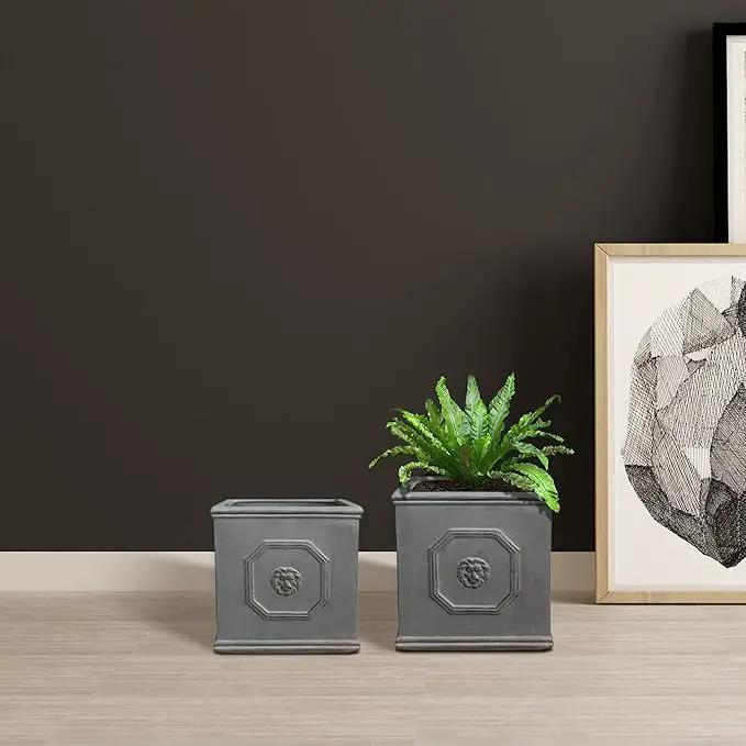 Kante Square Lion Head Concrete Planter Set of 2, Classic English Style Plant Pot with Drainage Hole and Rubber Plug for Indoor Outdoor, 10.2"x10.2"x10.2" and 12.6"x12.6"x12.6" Antique Gray by GreenHaven Gardens