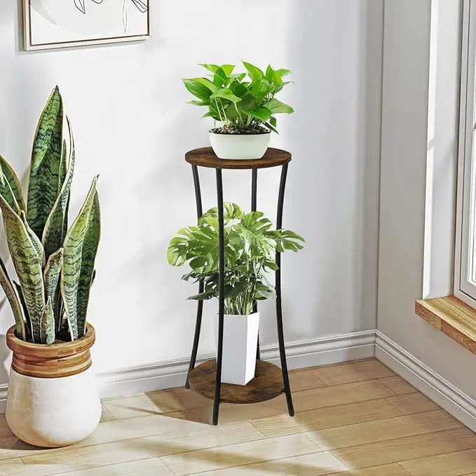 YINMIT Plant Stand Indoor,2 Tier Round Potted Holder Rack,Flower Pot Stand Shelf,Round Supports Rack,Corner Plant Shelf for Balcony Garden Patio Living Room,Brown by GreenHaven Gardens