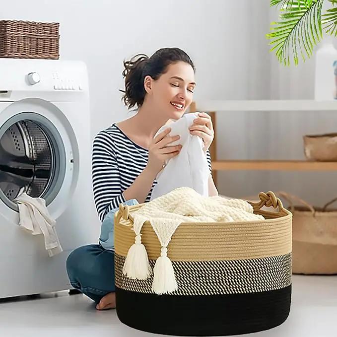 KAKAMAY Large Blanket Basket (20"x13"),Woven Rope Baskets for storage Baby Laundry Hamper, Cotton Rope Blanket Basket for Living Room, Laundry, Nursery, Pillows,Baby Toy chest (Jute/Black) by GreenHaven Gardens