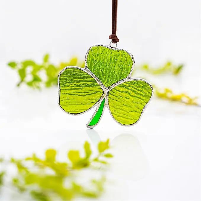 Handmade Stained Glass Shamrock Sun Catcher Window Hanging Irish Suncatcher St. Patrick's Day Decor for Home Green Clover Flower Stained Glass Window Panels for Window 3inch by GreenHaven Gardens