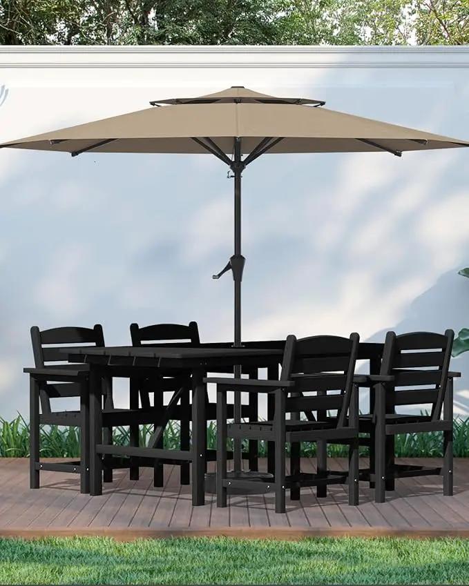 Patio Dining Set for 4 with Umbrella Hole - 66" Outdoor Table & 4 Chairs, All-Weather HDPE Outdoor Furniture for Lawn, Garden, Backyard, Poolside, Black by GreenHaven Gardens