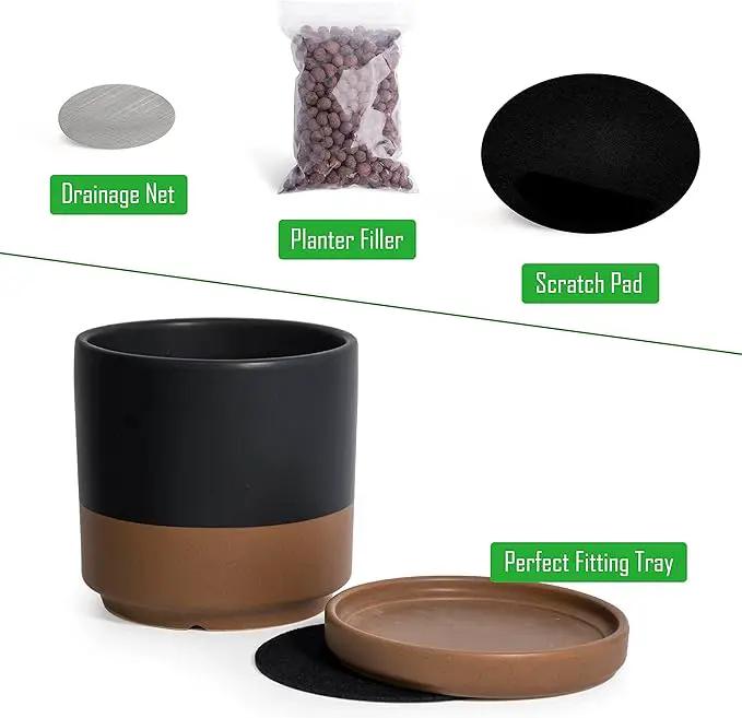 D'vine Dev 6 Inch Ceramic Planter Pot with Drainage Hole and Saucer, Indoor Cylinder Round Planter Pot, Black/Speckled Tan, 94-O-C-7 by GreenHaven Gardens