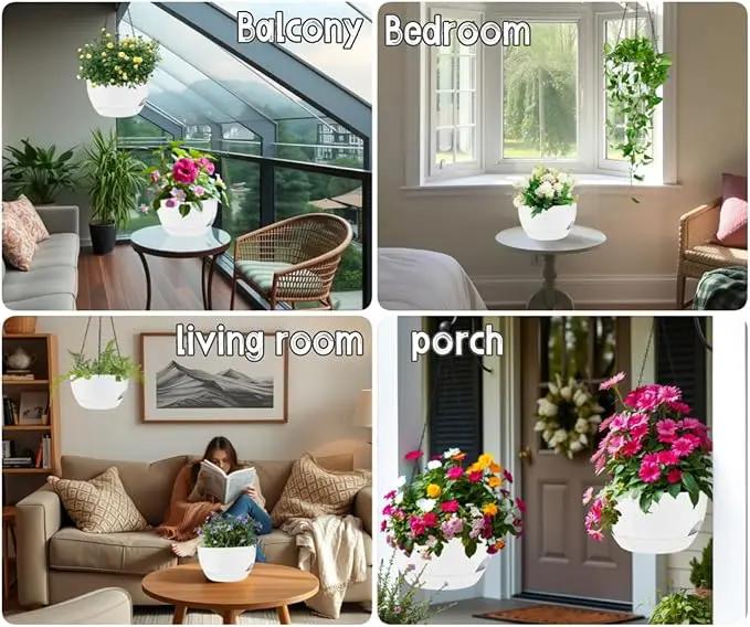 2 Pack 12 Inch Large Hanging Planters with Chains Self Watering White Plastic Hanging Pots for Indoor Outdoor Plants, Garden Porch Home Decor，White by GreenHaven Gardens