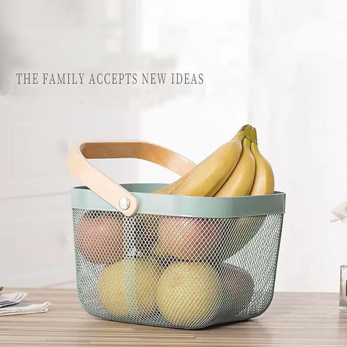 Metal Mesh Steel Basket, Storage Organizer Basket Multi-functional Hanging Kitchen Basket Fruit Basket Bin with Bamboo Handle, 9.84 x 10.2 x 7 inch, Mint Green by GreenHaven Gardens