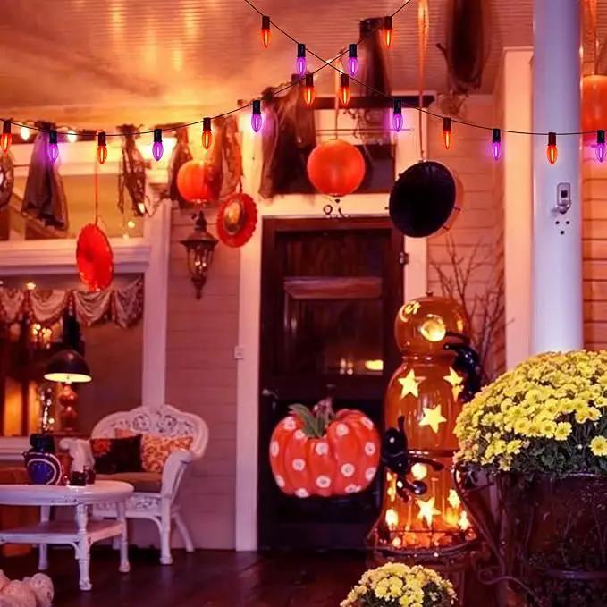 C9 LED Halloween Pathway Lights,10Pcs C9 Orange & Dark Purple Light Bulbs Stake Lights with 10 Stakes, Connectable Outdoor Pathway Markers Lights for Halloween Holiday Walkway Party Driveway Decor by GreenHaven Gardens