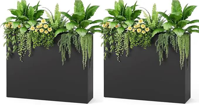 Stoog 38" Metal Tall Rectangular Planters Set of 2 - All-Weather Planter Box for Indoor/Outdoor Use, with Removable Insert Shelf, for Plants, Flowers, Garden, Black by GreenHaven Gardens
