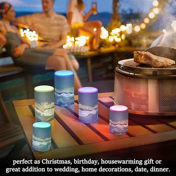Flickering Flameless Candles, Navy Blue Marble Golden Veins LED Candles with Remote Timer, Set of 2 Battery Operated Candle for Valentine Wedding Birthday by GreenHaven Gardens