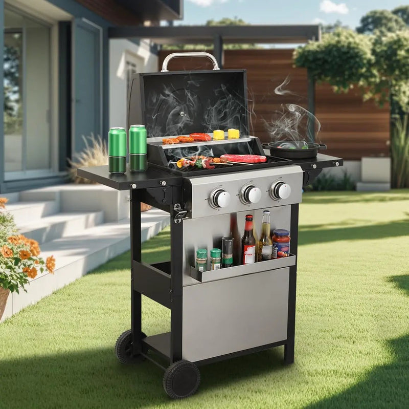 3-Burner Propane Gas Grill, 25,650 BTU Outdoor BBQ Grill with Stainless Steel Warming Rack, Enameled Cooking Grids, Built-in Thermometer & Foldable Side Tables - Portable Design with 6" Wheels by GreenHaven Gardens