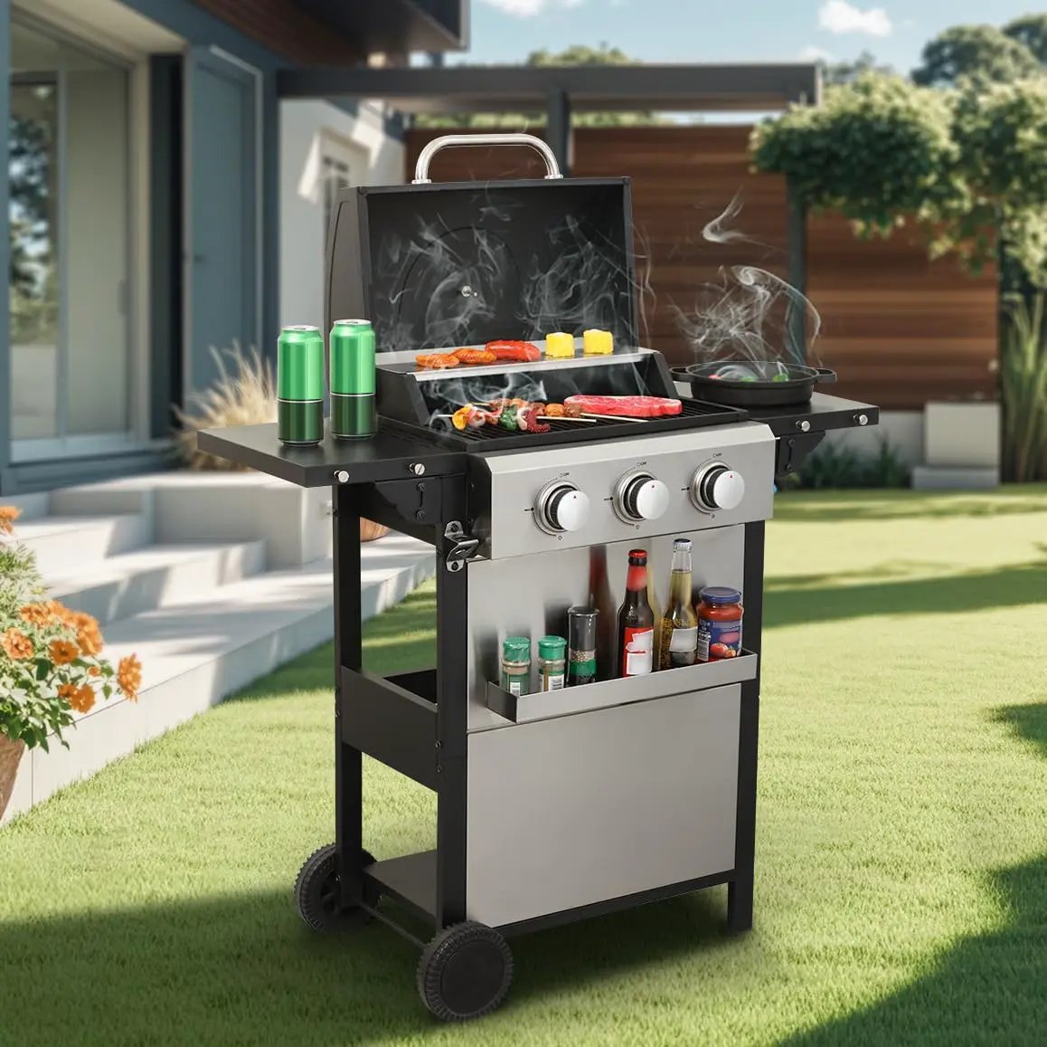 3-Burner Propane Gas BBQ Grill, 25,650 BTU Output, Wire Enamel Cooking Grids, Foldable Side Table, Stainless Steel Outdoor Grill for Patio and Backyard by GreenHaven Gardens