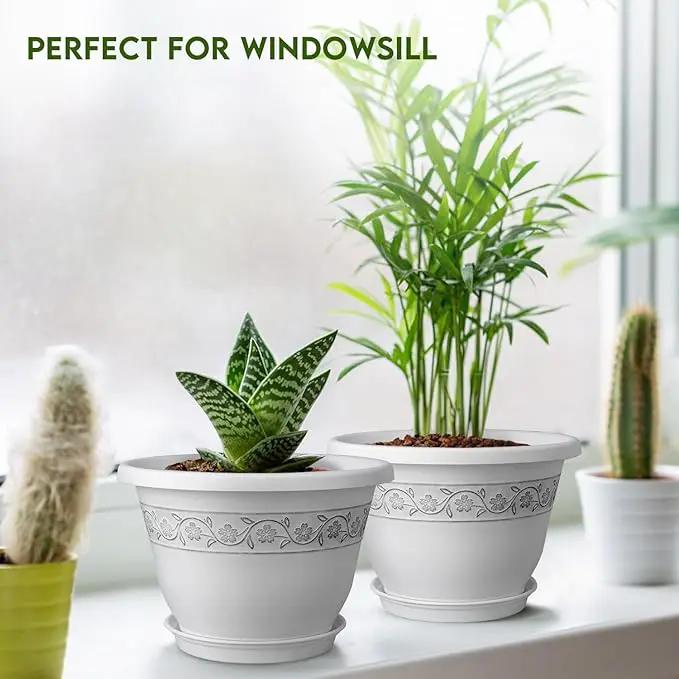 8 Inch Plant Pots with Drainage Hole - Lightweight Flower Pots for Herbs and Flowers - Home Decor Plastic Planters for Indoor Outdoor Plants- Pack of 6 (White, 8 inch) by GreenHaven Gardens