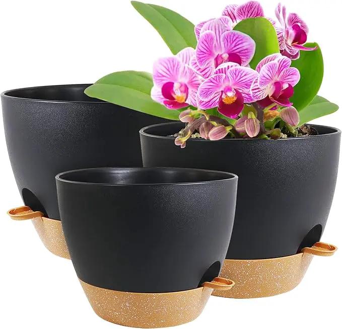 12/10/9 inch Large Self Watering Pots, Planter, Plant Pots with Mesh Drainage Holes for Indoor Outdoor Garden Plants, Plastic Flower Pots with Removable Deep Reservoir, Black with Brown by GreenHaven Gardens