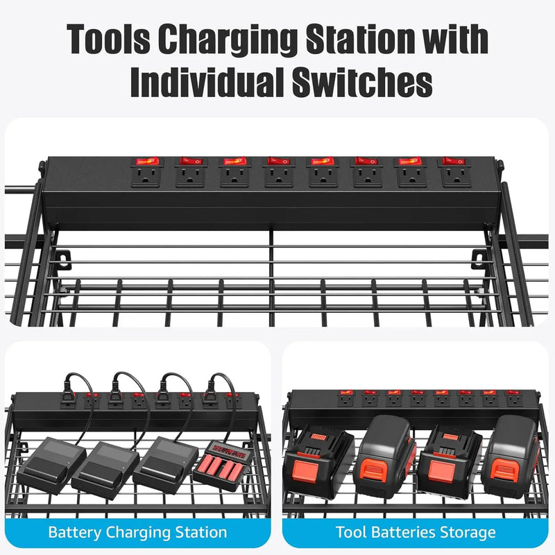 CCCEI Black Power Tool Organizer Wall Mount, Large Tools and Battery Storage Rack Charging Station Individual Switches. Drills Holder, Garage Utility Shelves with 6FT Power Strip. Gift for Men. by GreenHaven Gardens