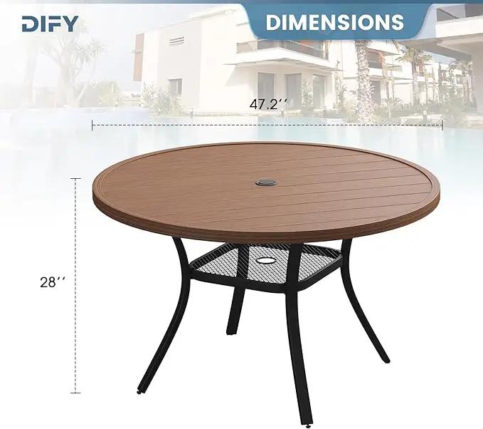 DIFY 48" Round Patio Dining Table for 6, All Weather Round Outdoor Metal Dining Table with 1.57" Umbrella Hole, Perfect for Backyard Lawn Garden, Walnut by GreenHaven Gardens