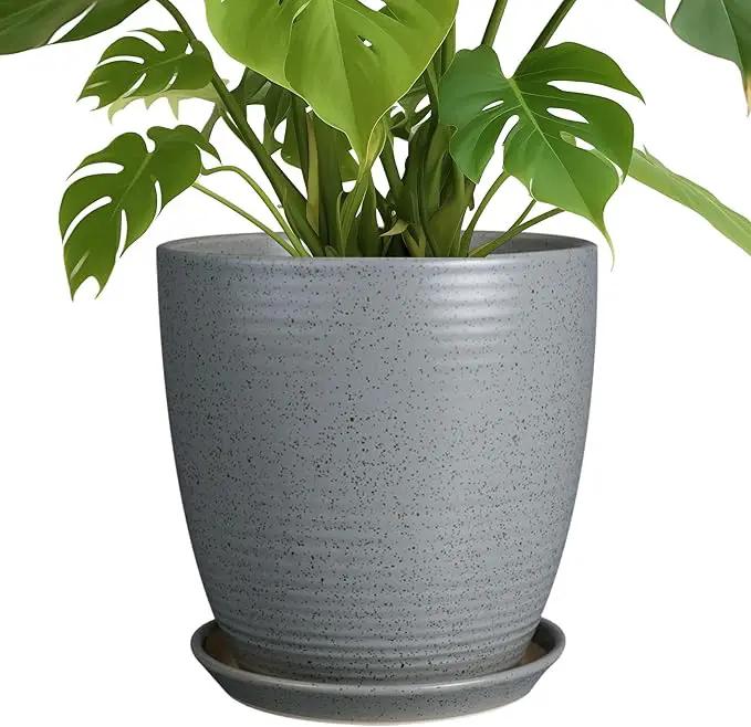 10 Inch Plant Pot, Ceramic Planters for Indoor Plants with Drainage and Saucer, Large Flower Pot for Home and Garden Decor, Light Gray by GreenHaven Gardens