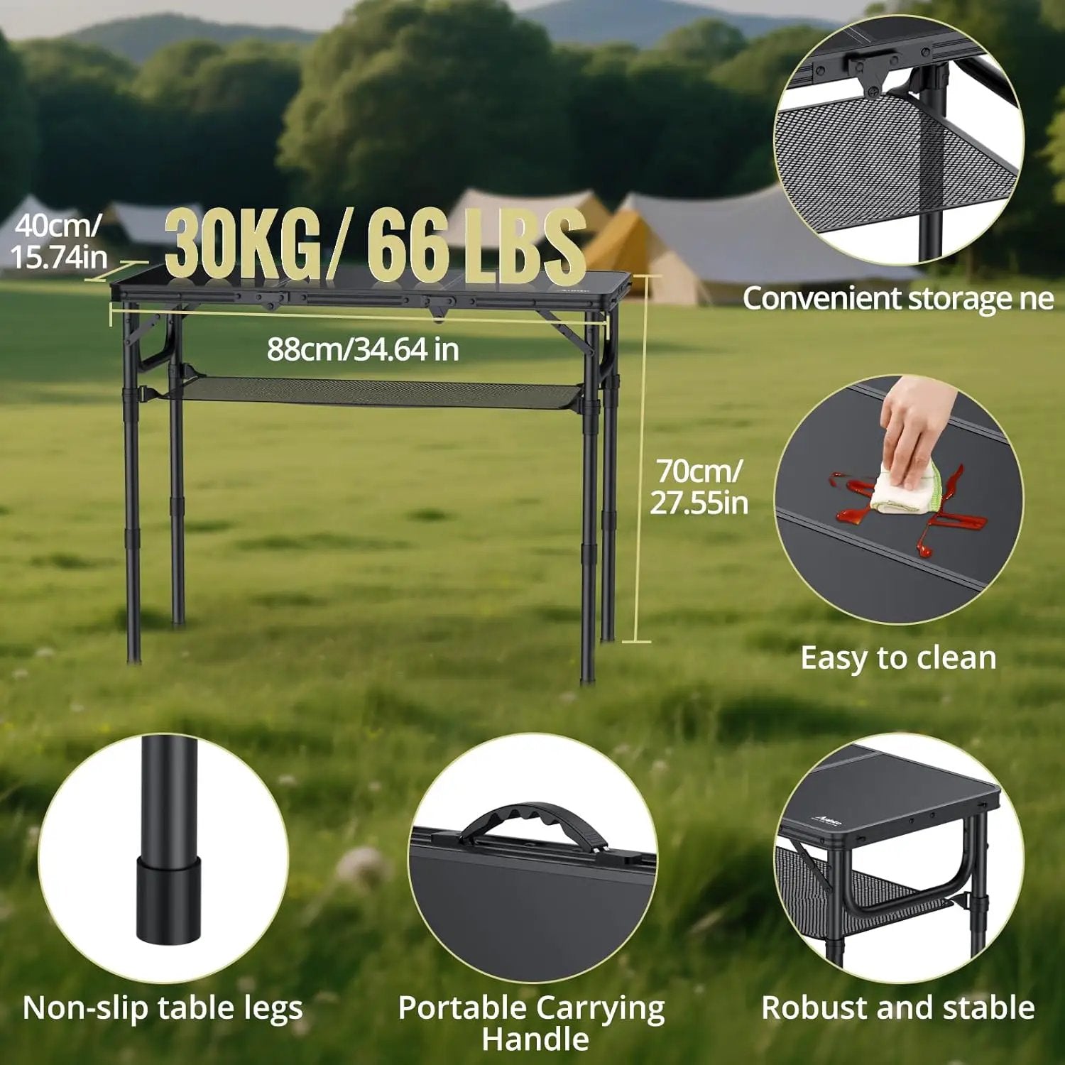 Folding Camping Table with Storage Net, 3ft Camping Table Aluminum Folding Table with 3 Adjustable Height Max 27.5 Inch Picnic Table Portable Table for Outdoor Backyard BBQ, Pure Black by GreenHaven Gardens