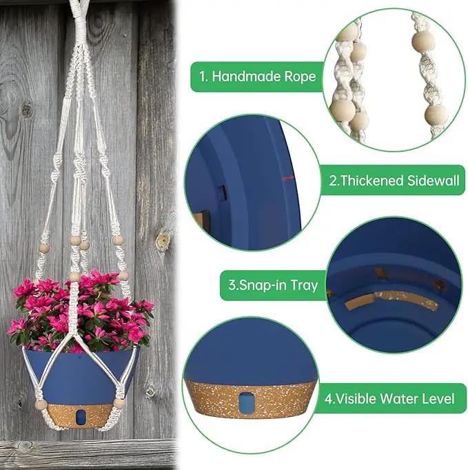 ZMTECH 2 Pack 8 Inch Blue Hanging Planters with Macrame Plant Hanger for Indoor and Outdoor Plants, Self Watering, Drainage Hole, Visible Level Tray by GreenHaven Gardens