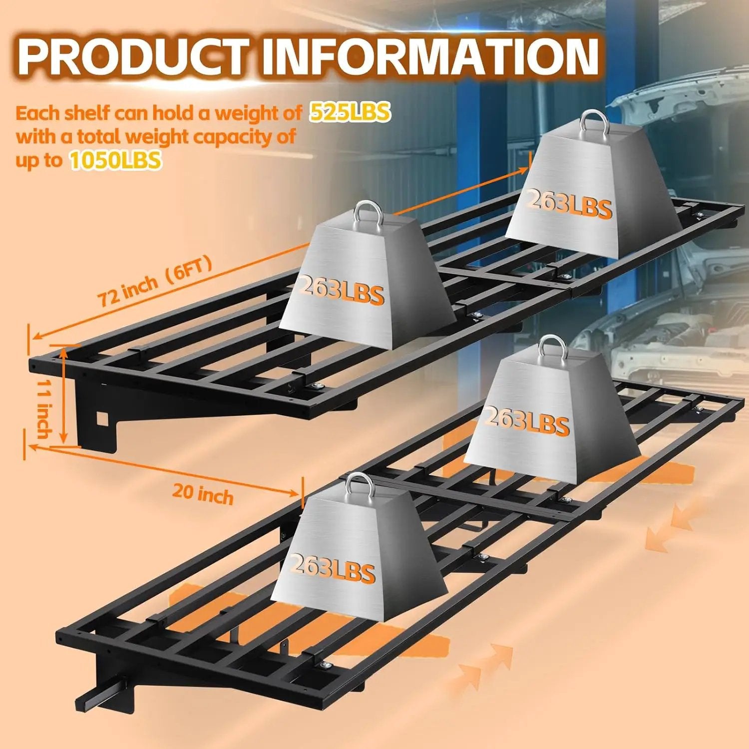 Garage Wall Shelving with Hooks,2-Pack 1.64 x 6ft Garage Wall Shelf,Loads 1050 lbs Heavy Duty Wall Shelves,20” x 72” Garage Shelves Wall Mounted,Black by GreenHaven Gardens